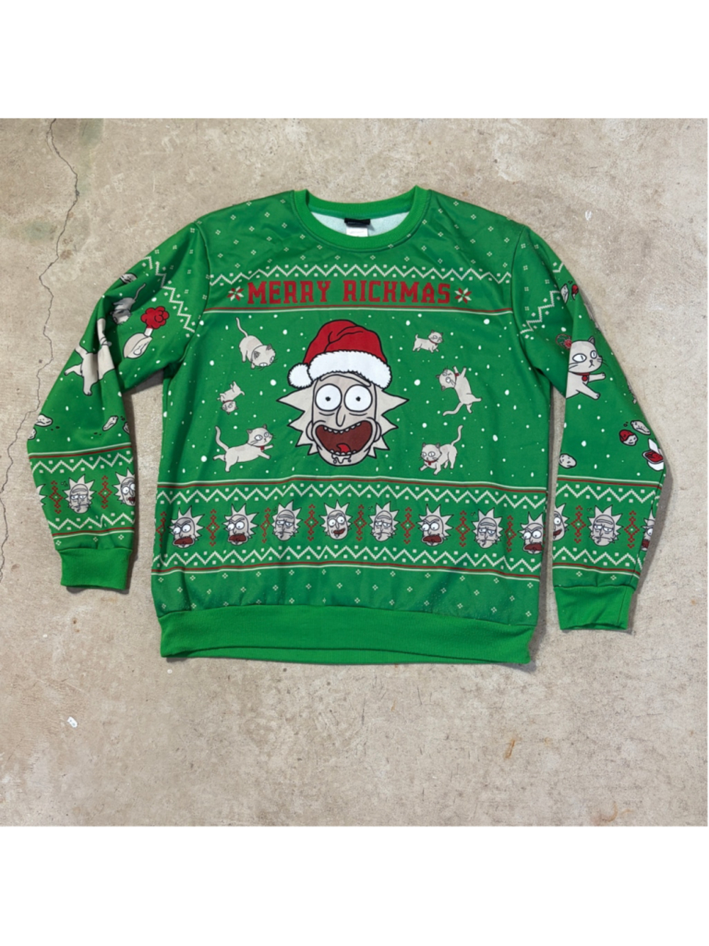 Rick Morty Merry Rickmas Ugly Christmas Sweatshirt Green Floating Cats Large
